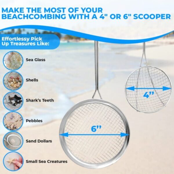 Sand Dipper Full Size with Custom Laser Scribing - Choice of Blue or Pink Pole with Small or Large Basket - Adjustable Beach Scoop Shovel & Sifter Tool for Beachcombing – Also Can Be a Walking Stick