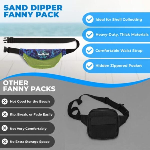 Sand Dipper Seashell Bag Fanny Pack for Women & Men - One Size Fits Most Shell Collecting Hip Bag With a Front Mesh Pocket & Hidden Zippered Pocket - Beachcombing Waist & Cross Body Bum Bag - Black