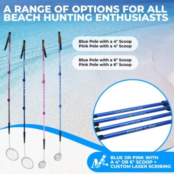Sand Dipper Full Size with Custom Laser Scribing - Choice of Blue or Pink Pole with Small or Large Basket - Adjustable Beach Scoop Shovel & Sifter Tool for Beachcombing – Also Can Be a Walking Stick