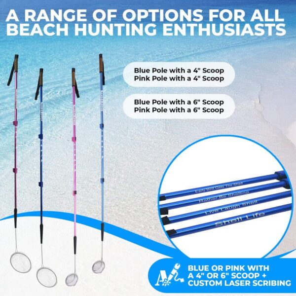 Sand Dipper Full Size Beach Scoop Shovel & Sifter Tool for Beachcombing – Adjustable Sea Glass, Shell, Shark Tooth Sifter for the Beach – Can Be Used as a Walking or Hiking Stick Too – Blue, 4” Basket