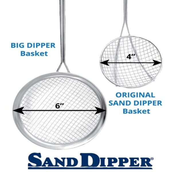Sand Dipper Full Size with Custom Laser Scribing - Choice of Blue or Pink Pole with Small or Large Basket - Adjustable Beach Scoop Shovel & Sifter Tool for Beachcombing – Also Can Be a Walking Stick