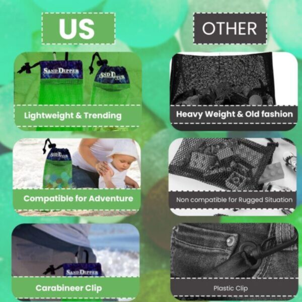 Sand Dipper Skinny Lightweight Shell Collecting Beach Bag with Carabiner Clip - Clips to pole, belt loops, backpack, or beach bag