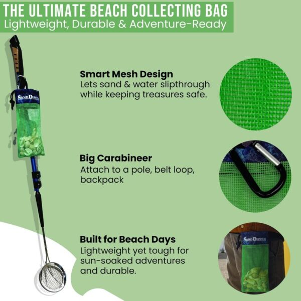 Sand Dipper Skinny Lightweight Shell Collecting Beach Bag with Carabiner Clip - Clips to pole, belt loops, backpack, or beach bag
