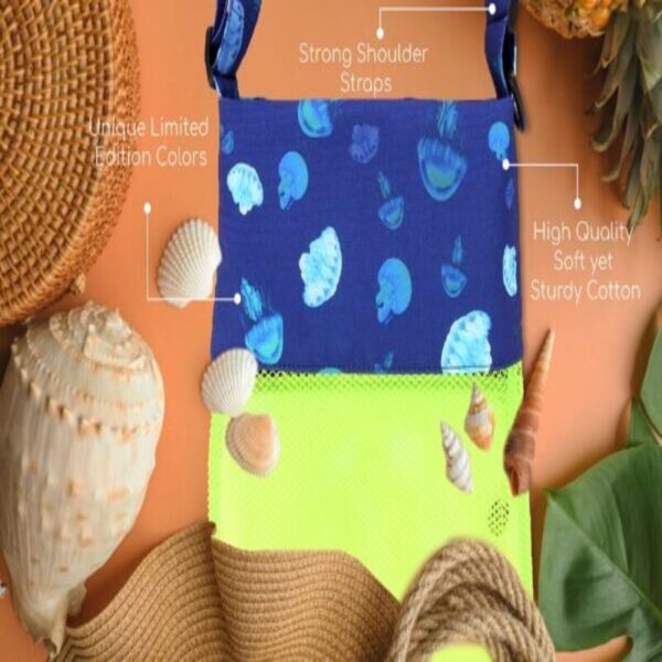 81iOKHObQL-600x371 Sand Dipper 3 Pocket Shell Collecting Beach Bag Luxury Cotton Limited Edition Prints (Blue Jellyfish)