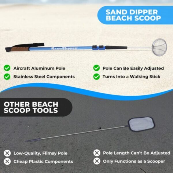 Sand Dipper Full Size Beach Scoop Shovel & Sifter Tool for Beachcombing – Adjustable Sea Glass, Shell, Shark Tooth Sifter for the Beach – Can Be Used as a Walking or Hiking Stick Too – Pink, 4” Basket