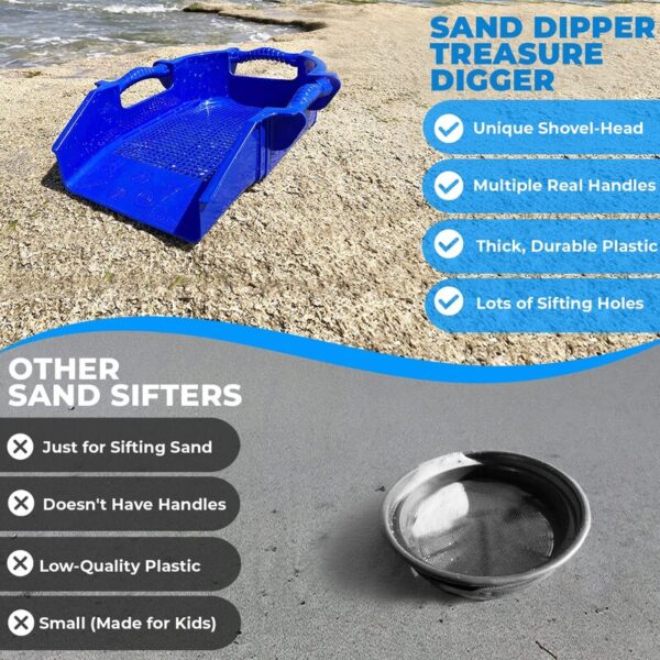 Sand Dipper Treasure Digger Shark Tooth Sifter & Sand Shovel – Ergonomic Multi-Handle Sand Sifter for The Beach with a Shovel-Shaped Head Makes It Easy to Dig & Sift to Find Treasures (Blue)